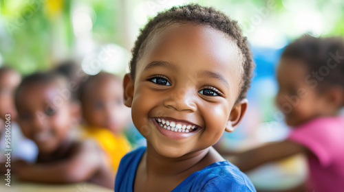 close up Young African Boy Sitting In The Chair In classroom with copy space for child health day.