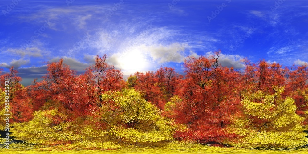 Fototapeta premium Autumn trees in the fog view from above. HDRI . equidistant projection. Spherical panorama. panorama 360. environment map, 3d rendering