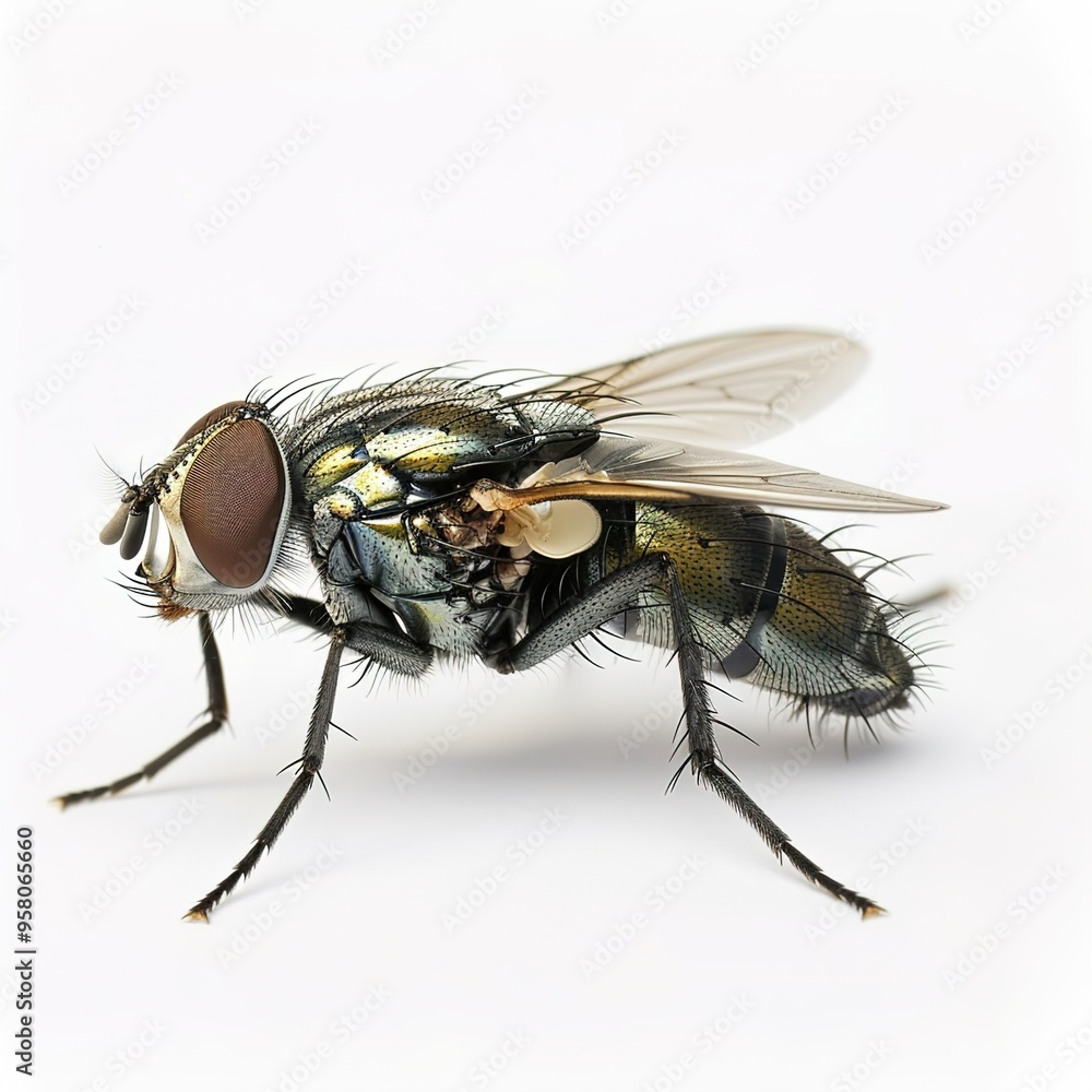 A detailed close up of a fly posing on a plain white background A detailed close up of a fly posing on a plain white background