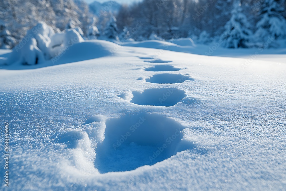Obraz premium Footprints in fresh snow evoke a sense of serene winter solitude.