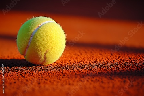 A sun-drenched tennis ball rests on a clay court, ready for the next serve.