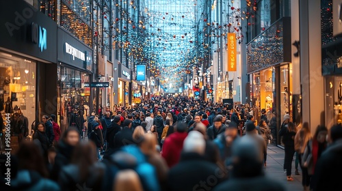Realistic Photo of a bustling shopping mall with Black Friday sale signs and crowds, large space for text, sharp focus and clear light, high clarity, super detail