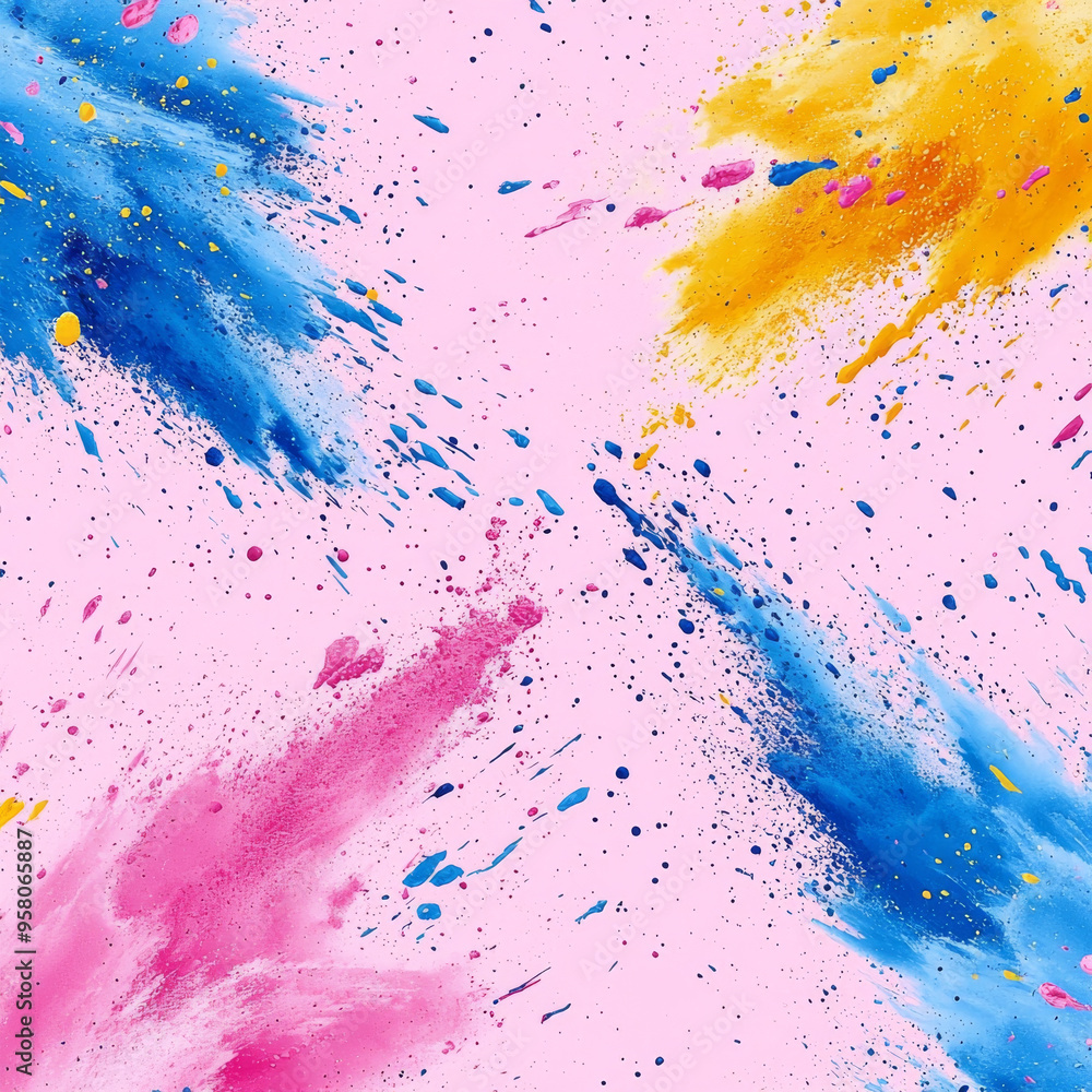 Colorful splashes of paint create vibrant and dynamic pattern on pink background, evoking sense of creativity and energy. Colorful splashes of paint create vibrant and dynamic pattern on pink background, evoking sense of creativity and energy.