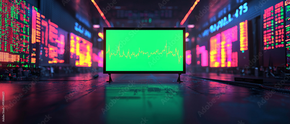 A vibrant green screen mockup displayed on monitor in high tech environment, surrounded by colorful data visualizations and digital screens. A vibrant green screen mockup displayed on monitor in high tech environment, surrounded by colorful data visualizations and digital screens.