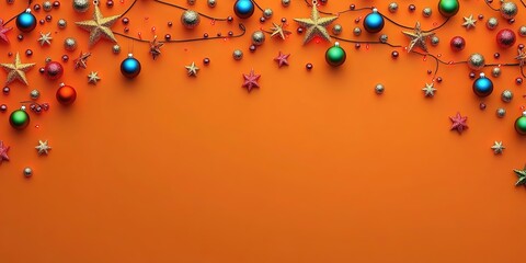 Vibrant orange Christmas background with baubles and stars.
