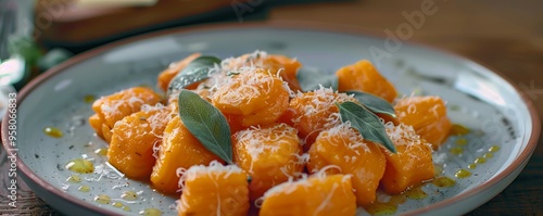 Sweet potato gnocchi with sage butter sauce, 4K hyperrealistic photo photo