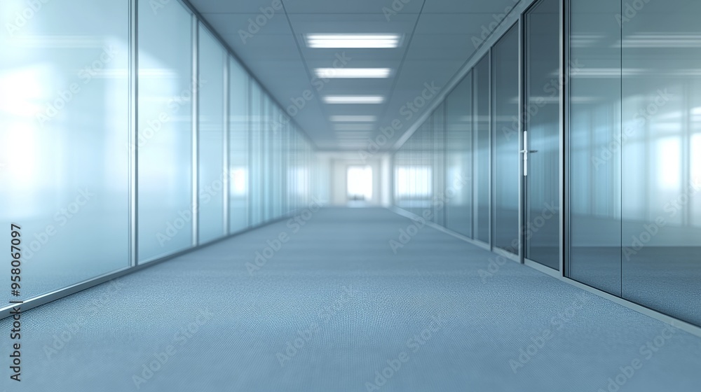 A sleek and modern office corridor features glass walls and panoramic windows, creating a bright and airy workspace perfect for contemporary business activities A sleek and modern office corridor features glass walls and panoramic windows, creating a bright and airy workspace perfect for contemporary business activities