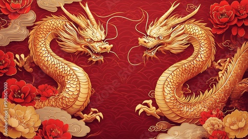 Two golden dragons are on a red background with flowers