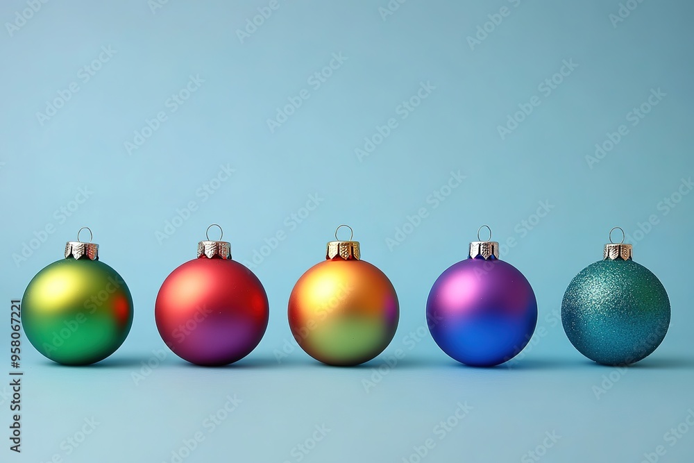 Row of colorful Christmas baubles on light blue background Row of colorful Christmas baubles on light blue background