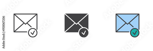 Envelope and check mark different style icon set