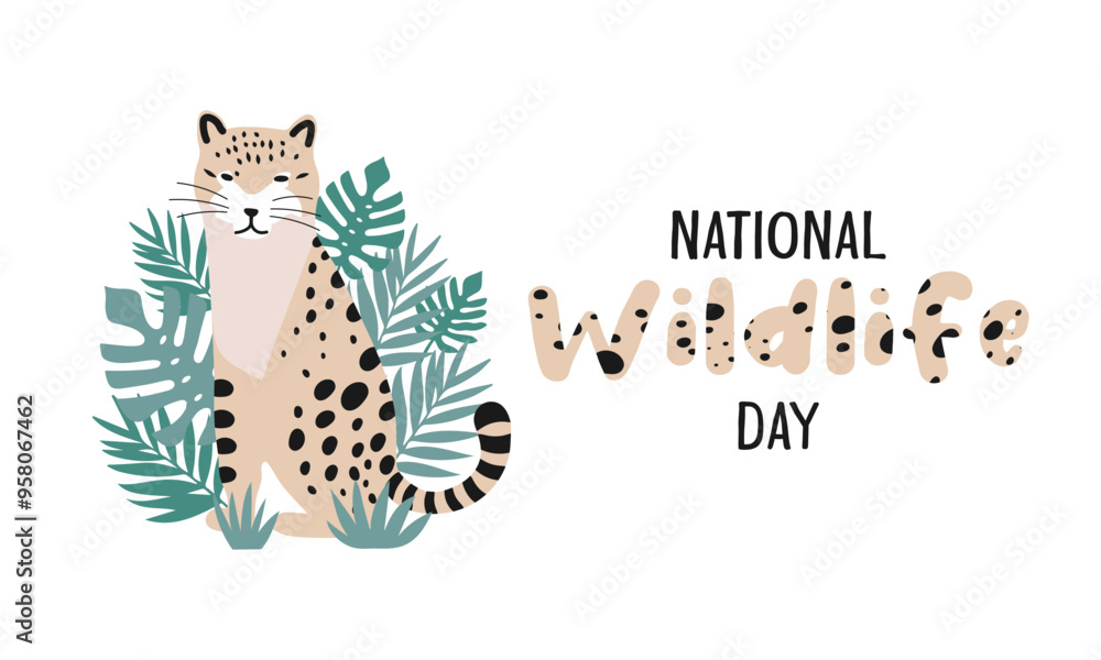 Naklejka premium National wildlife day greeting card. Colorful spotted lettering and leopard in the jungle isolated on white background. Holiday design for banner, poster, flyer. Vector illustration.