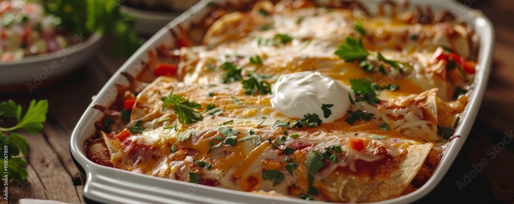 Chicken enchiladas with sour cream, 4K hyperrealistic photo Chicken enchiladas with sour cream, 4K hyperrealistic photo