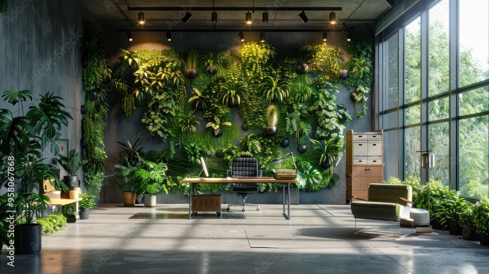 A green office with indoor vertical gardens and natural light. A green office with indoor vertical gardens and natural light.
