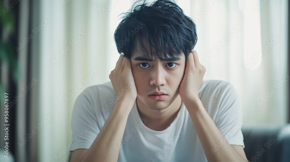 A young man sitting at home in a white shirt, expressing stress and frustration while holding his head in his hands during the daytime A young man sitting at home in a white shirt, expressing stress and frustration while holding his head in his hands during the daytime