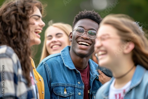 Diverse group of young friends laughing and enjoying time outdoors.