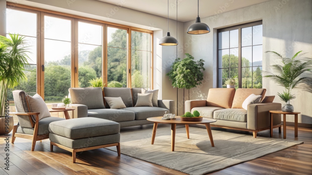 Minimalist living room design features a sleek sofa, armchairs, and ottoman, effortlessly incorporating natural light Minimalist living room design features a sleek sofa, armchairs, and ottoman, effortlessly incorporating natural light