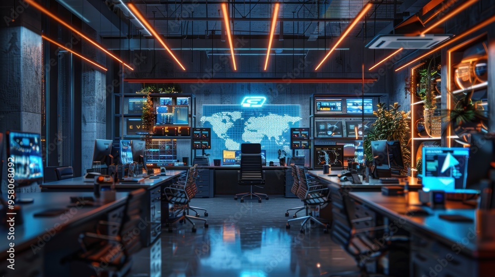 A tech-savvy office with smart desks, virtual assistants, and interactive screens. A tech-savvy office with smart desks, virtual assistants, and interactive screens.