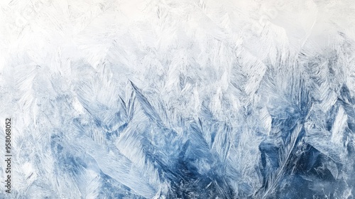 Abstract patterns of frost on a windowpane, with delicate icy textures and cool whites and blues