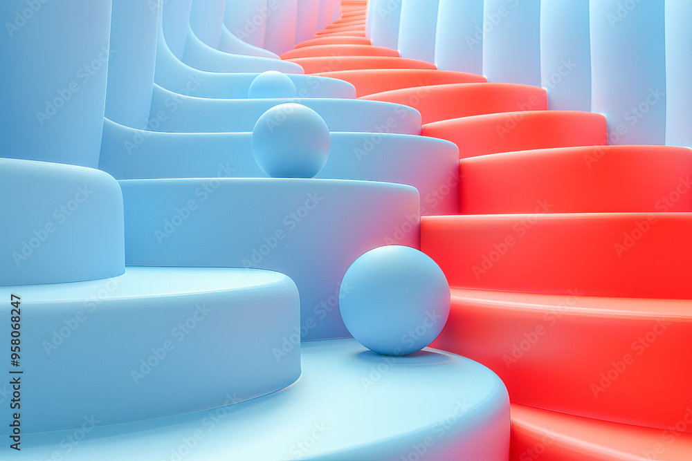 Blue spheres rolling down blue and red abstract stairs Blue spheres rolling down blue and red abstract stairs