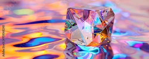 Reflective liquid 3D octahedron with shifting patterns, 4K hyperrealistic photo photo