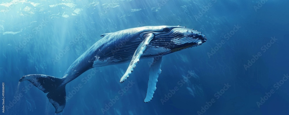 Fototapeta premium Majestic humpback whale breaching under blue sky, 4K hyperrealistic photo