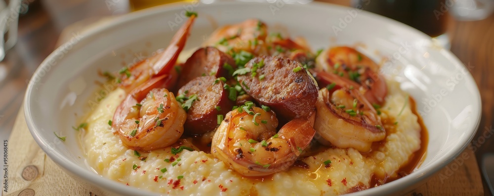 Shrimp and grits with spicy sausage, 4K hyperrealistic photo Shrimp and grits with spicy sausage, 4K hyperrealistic photo