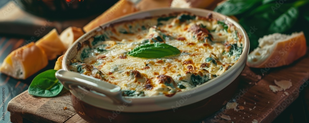 Cheesy spinach and artichoke dip, 4K hyperrealistic photo