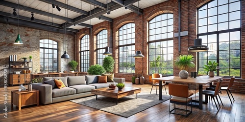 Modern loft-like interior featuring exposed brick wall, large windows, and stylish furniture, showcasing innovative