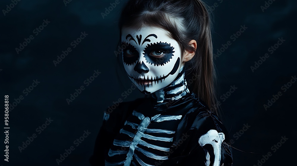 Portrait of a girl in a skeleton costume, high detail face paint, dark atmosphere, dramatic lighting Portrait of a girl in a skeleton costume, high detail face paint, dark atmosphere, dramatic lighting