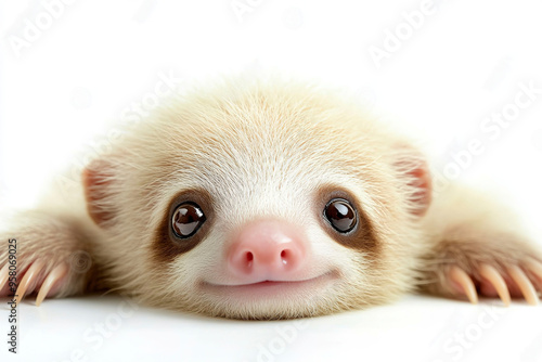 Close up of cute baby sloth on white background. photo