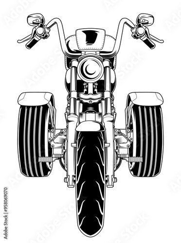 Frontansicht eines Trikes  in Schwarz-Weiß mit einem großen Vorderreifen, breiten Seitenrädern, hochgebogener Lenkstange und detaillierten mechanischen Elementen.