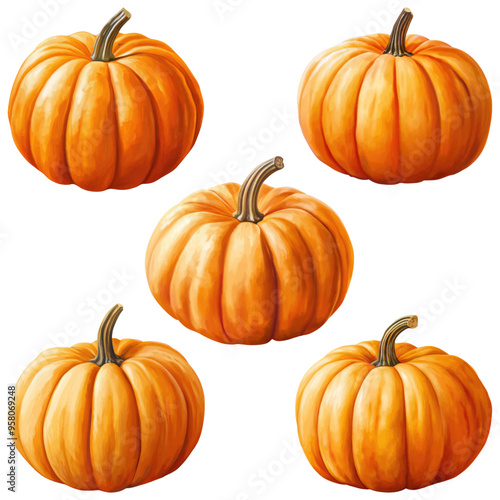 Realistic Illustration of Isolated Five Pumpkin on White Background Ideal for Autumn Harvest and Seasonal Decor Projects