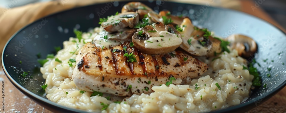 Creamy mushroom risotto with grilled chicken, 4K hyperrealistic photo Creamy mushroom risotto with grilled chicken, 4K hyperrealistic photo