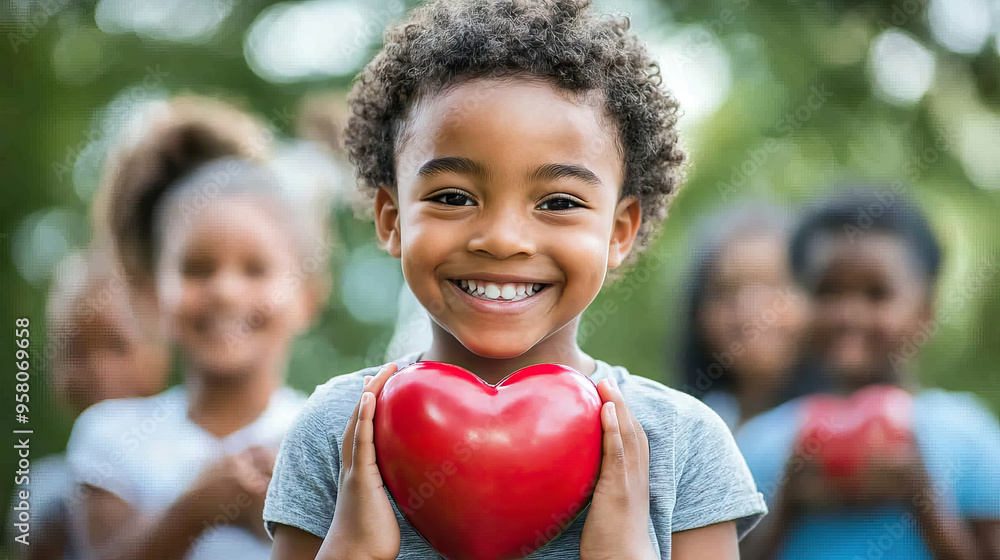 close up black little boy smiling and holding red heart shape to promote heart health for for child health day. close up black little boy smiling and holding red heart shape to promote heart health for for child health day.