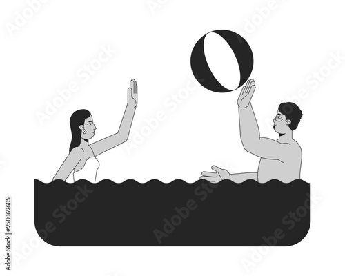 Arab man and woman playing ball in water black and white 2D line characters. Active leisure. Young couple enjoying summer vacation isolated vector outline people. Monochromatic spot illustration