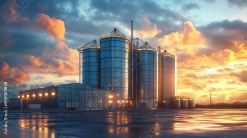 A large industrial complex with a large number of tanks and silos