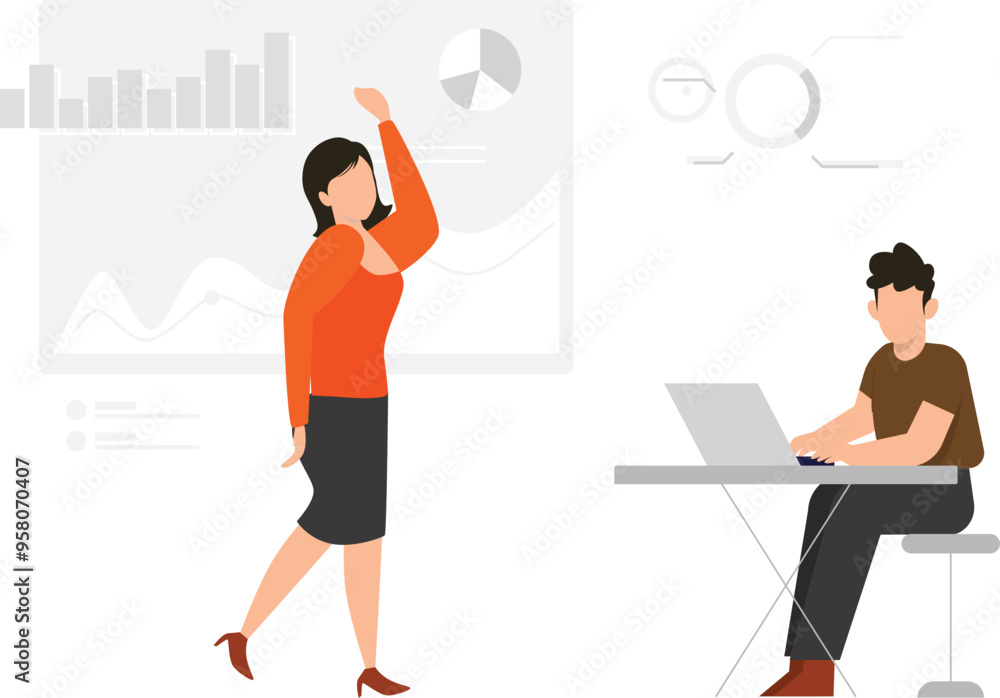 Boy and girl working on business graph. Boy and girl working on business graph.