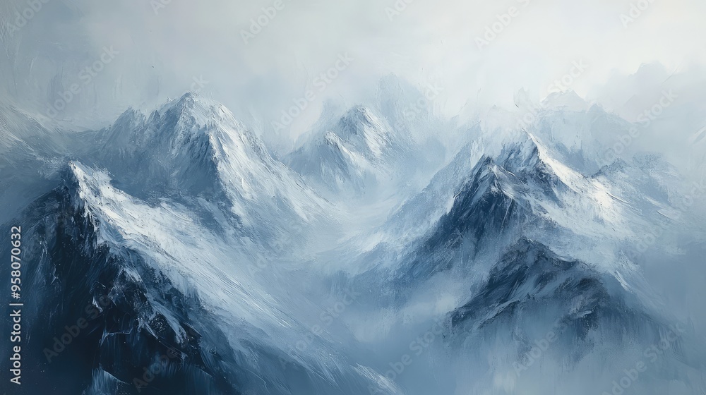 Abstract representation of a mountain range with cool grays and blues, creating a majestic and serene winter scene Abstract representation of a mountain range with cool grays and blues, creating a majestic and serene winter scene