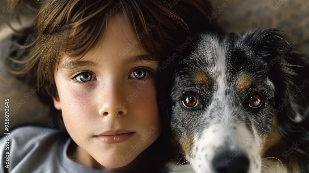 Close Up of a Boy and His Dog Looking at the Camera Close Up of a Boy and His Dog Looking at the Camera