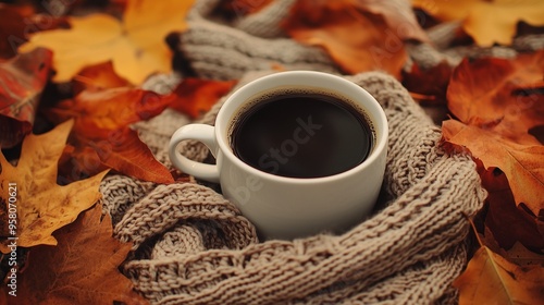 Autumn Coffee with Cozy Knit Blanket and Fall Leaves