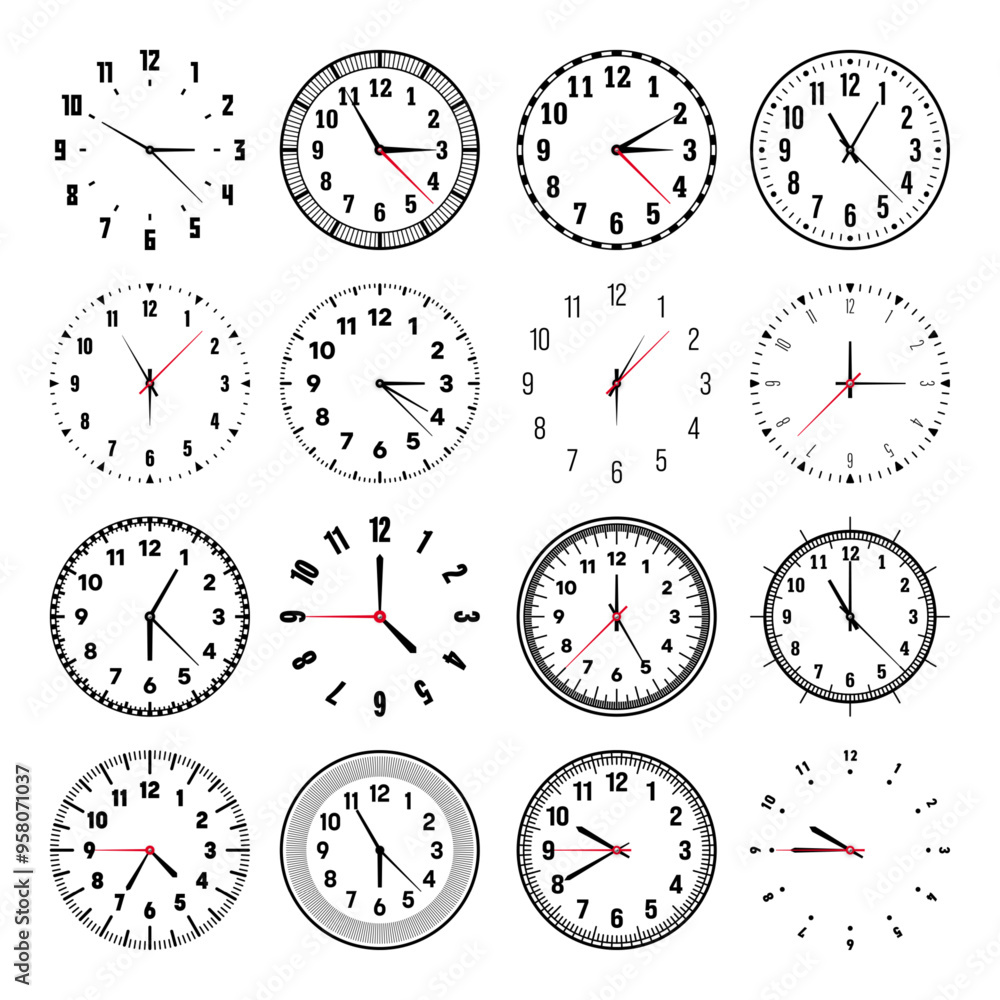 Mechanical clock faces with hands, bezel. Watch dial with minute, hour marks and numbers, arabic numerals. Timer or stopwatch element. Measuring circle scale with divisions. Vector illustration Mechanical clock faces with hands, bezel. Watch dial with minute, hour marks and numbers, arabic numerals. Timer or stopwatch element. Measuring circle scale with divisions. Vector illustration