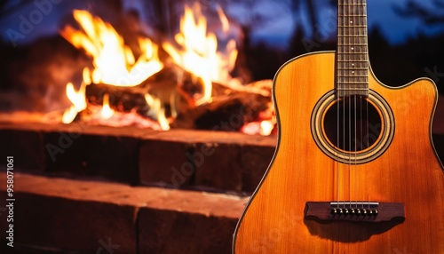 A guitar closeup in front of the fireplace in outside 