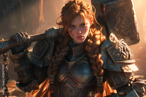 battle-hardened dwarf woman wielding a warhammer in a dimly lit stronghold, ready for combat photo