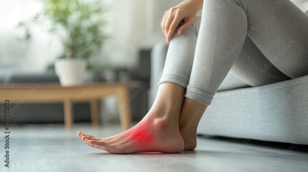 A woman sits on a couch with her foot resting on the floor, experiencing pain in her ankle. The pain is highlighted by a red glow around the ankle. A woman sits on a couch with her foot resting on the floor, experiencing pain in her ankle. The pain is highlighted by a red glow around the ankle.