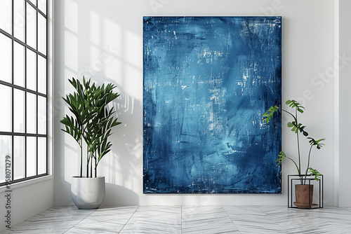 blue abstract pattern on white wall enhances minimalist interior design, infusing room with artistic flair and texture, resulting in a unique and modern space with a grunge-inspired aesthetic  photo