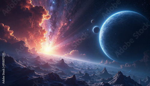 A dramatic cosmic landscape with a large planet or moon in the foreground, surrounded by swirling clouds and colorful nebulae in the night sky. Towering mountains or rock formations are visible in the