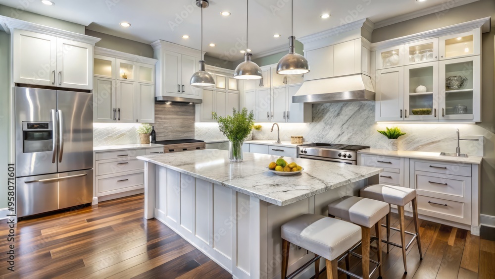Sleek cabinetry and marble countertops merge with cutting-edge stainless steel appliances in this modern white kitchen. Sleek cabinetry and marble countertops merge with cutting-edge stainless steel appliances in this modern white kitchen.