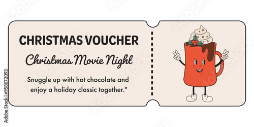 Christmas movie night gift voucher, coupon. Christmas advent time activity for kids and family. Movie Night invitation. Template of gift voucher, coupon.
