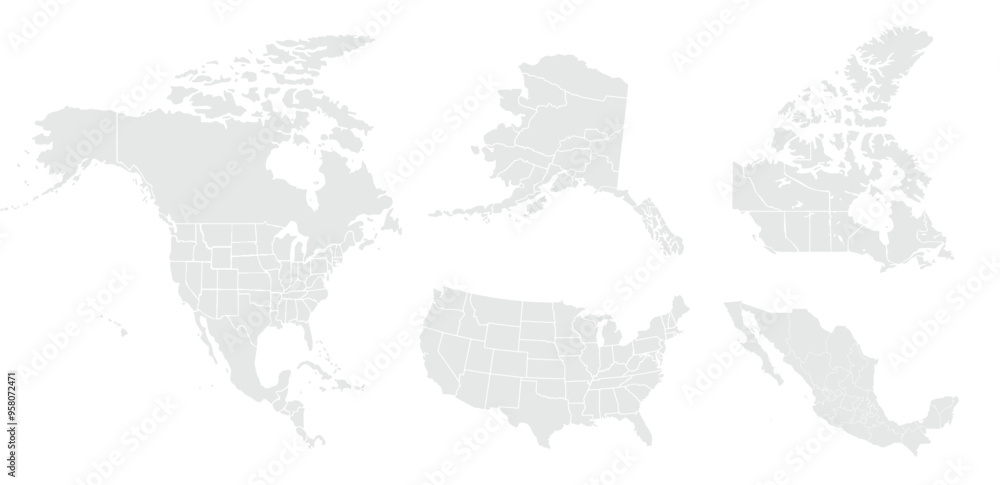 Fototapeta premium North America map for website layouts, education, precise,customizable,Travel worldwide,map silhouette backdrop,earth geography, political,reports.Grayscale style ,isolated on white backgroud