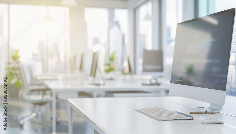Large modern office with white desks and chairs, Clean and minimalist open-plan office with rows of ergonomic workstations Large modern office with white desks and chairs, Clean and minimalist open-plan office with rows of ergonomic workstations